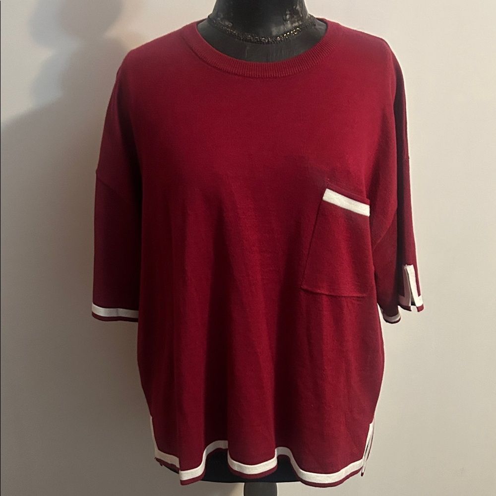 Red Short-Sleeve Sweater Top with White Trim